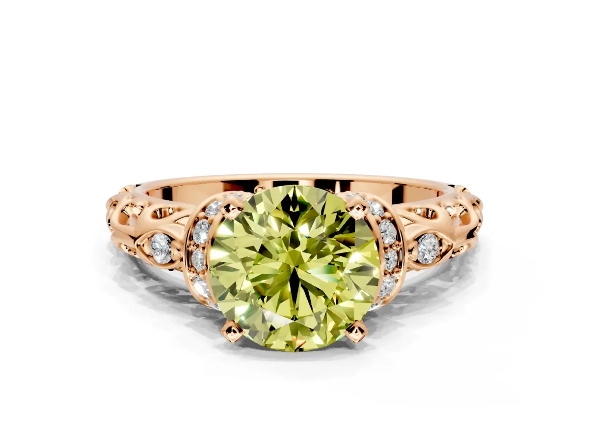 Solitaire Engagement Ring Setting for Fancy Yellow Round Cut Center with Filigree Band and Prong Head in Rose Gold