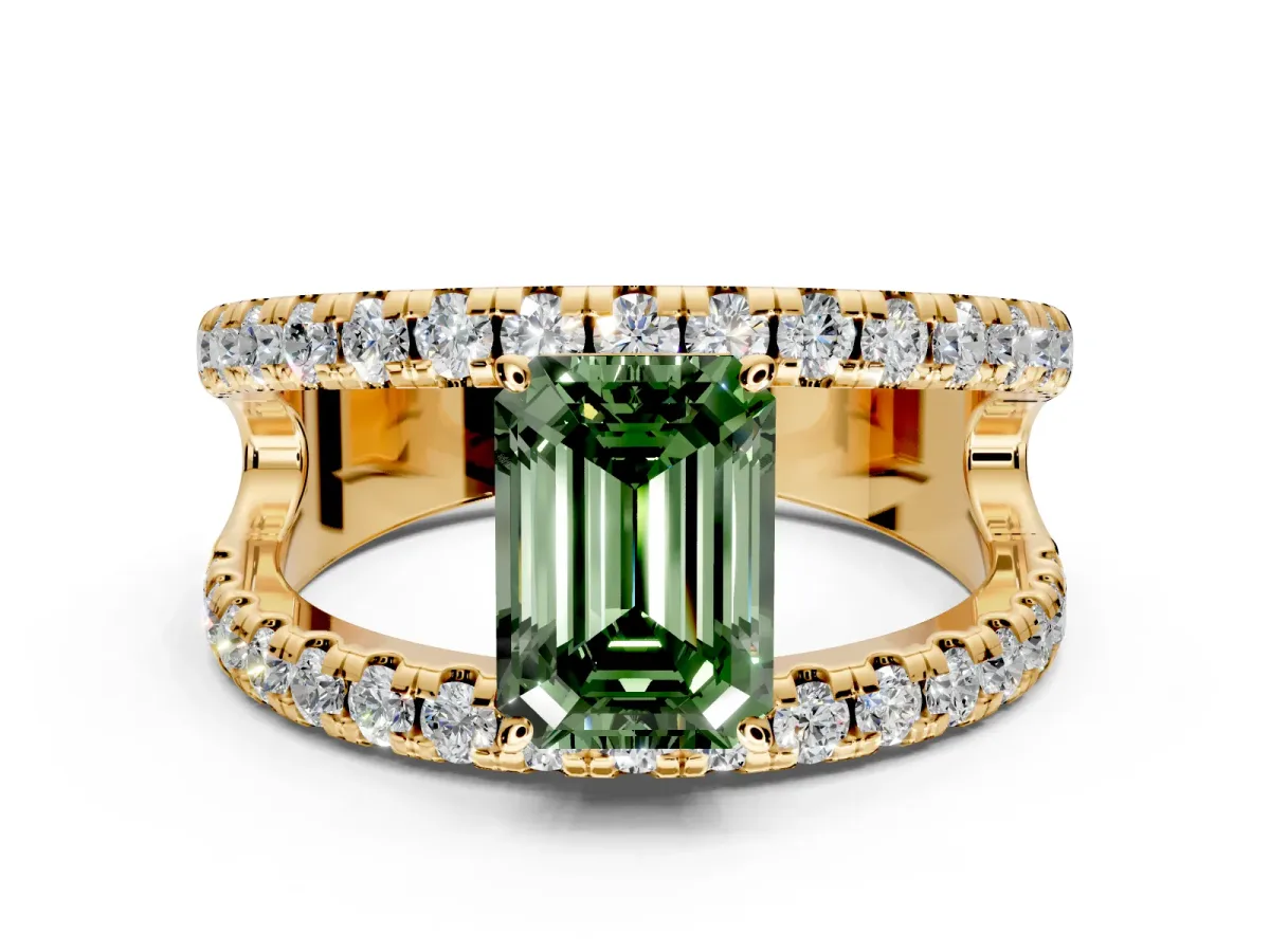 Solitaire Engagement Ring Setting for Fancy Green Emerald Cut Center with Wide-Open Split Shank and Prong Head in Yellow Gold