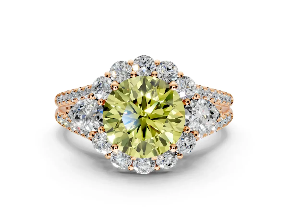 Halo Engagement Ring Setting for Fancy Yellow Round Cut Center with Two-Strand Split Shank and Prong Head in Rose Gold