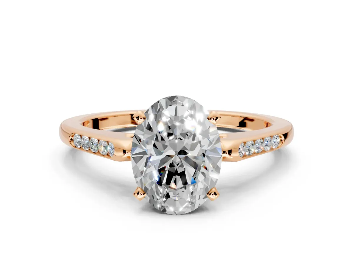 Solitaire Engagement Ring Setting for Oval Center with Channel Accents and Prong Head in Rose Gold