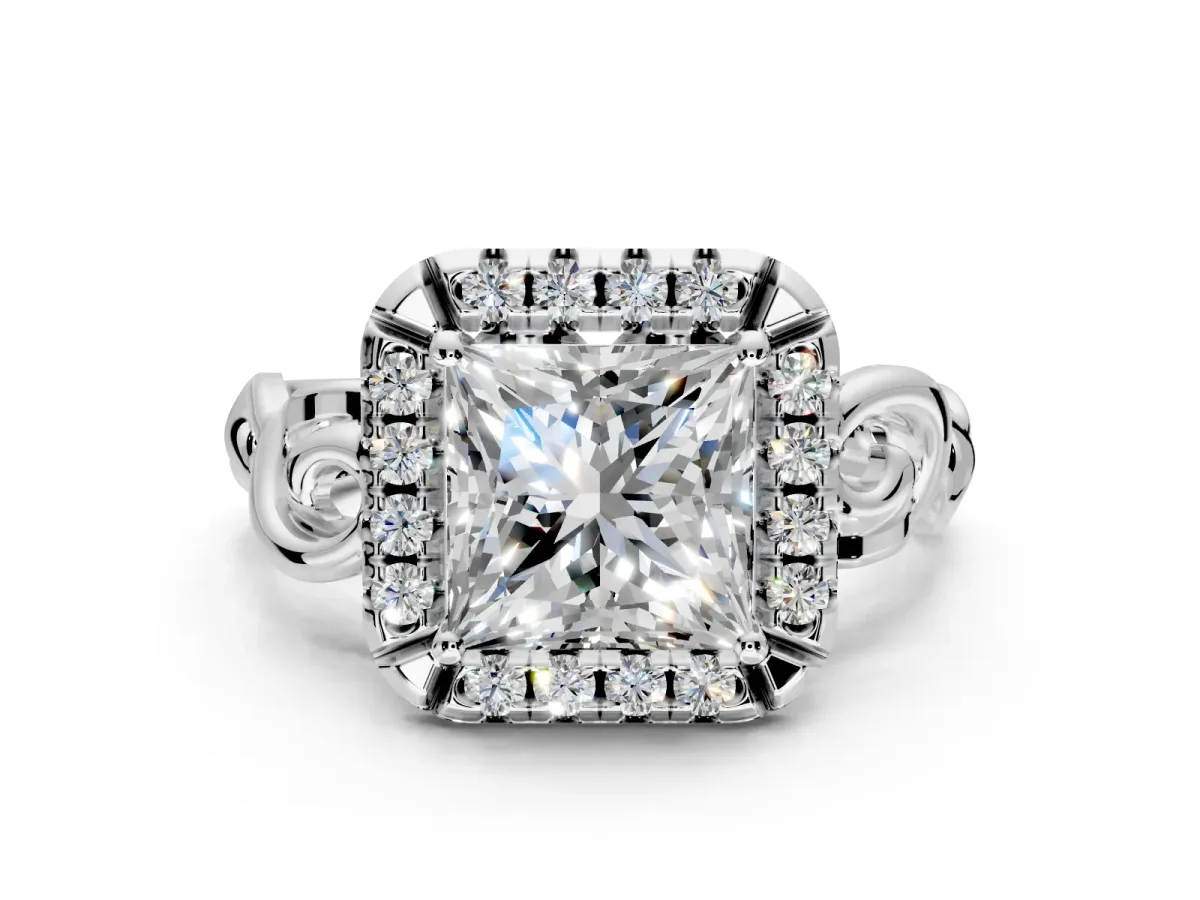 Halo Engagement Ring Setting for Princess Cut Center with Open Scroll Shoulders and Prong Head in Sterling Silver