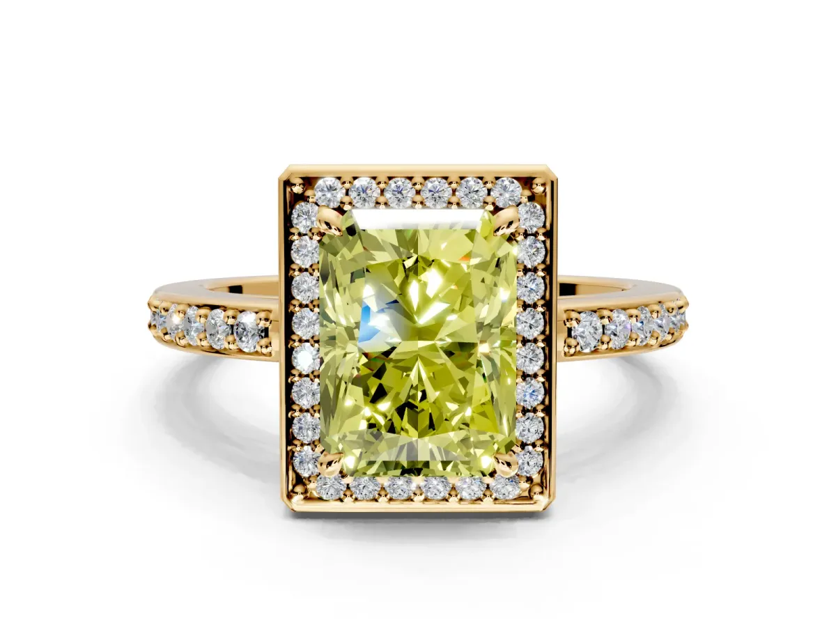 Halo Engagement Ring Setting for Fancy Yellow Radiant Cut Center with Metal-Rimmed Halo, Pave Band and Prong Head in Yellow Gold
