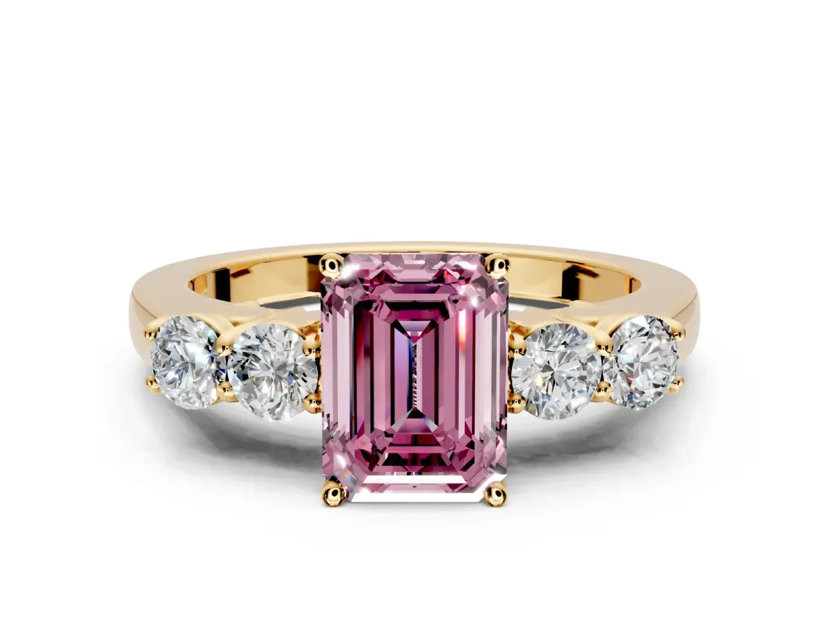 5 Stone Engagement Ring Setting for Fancy Pink Emerald Cut Center with Equal Close-Set Accents and Prong Head in Yellow Gold
