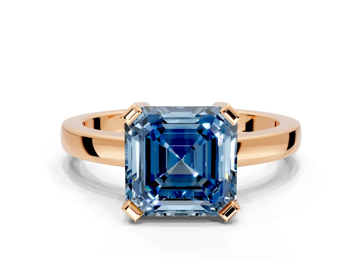 Solitaire Engagement Ring Setting for Fancy Blue Asscher Cut Center with Plain Band and Flat Tab Prong Head in Rose Gold