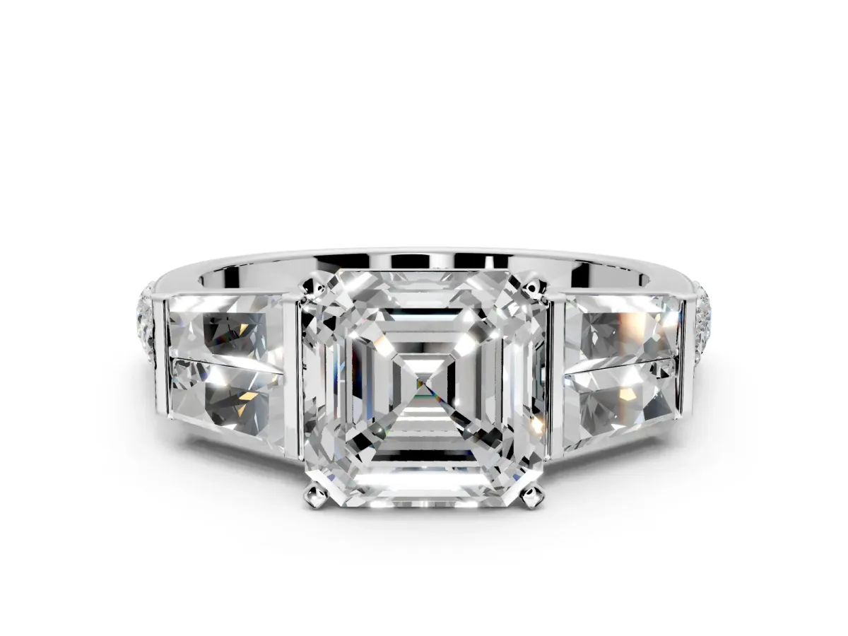 Channel-Set Engagement Ring Setting for Asscher Cut Center with Baguette Band and Prong Head in Platinum