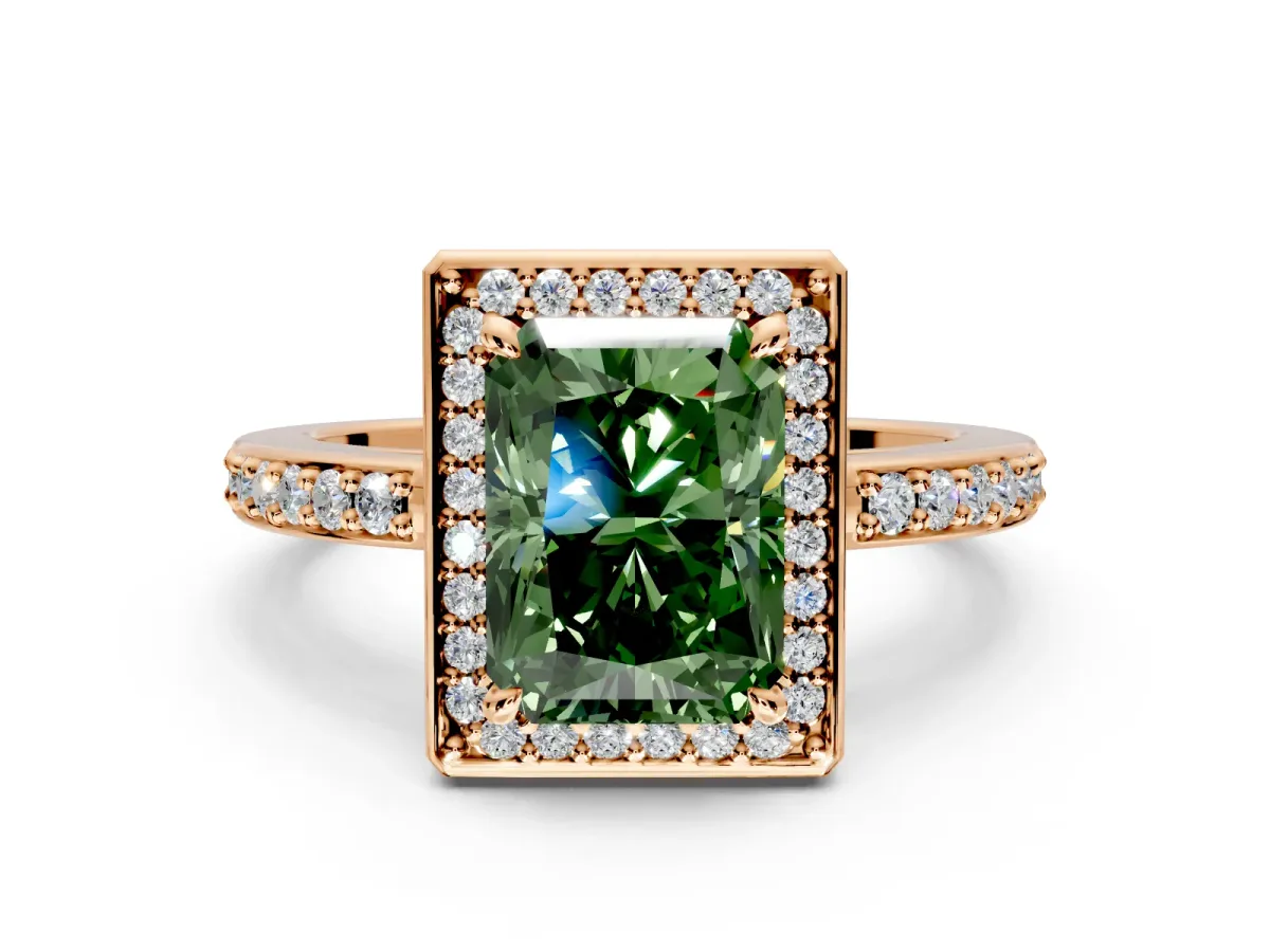 Halo Engagement Ring Setting for Fancy Green Radiant Cut Center with Metal-Rimmed Halo, Pave Band and Prong Head in Rose Gold