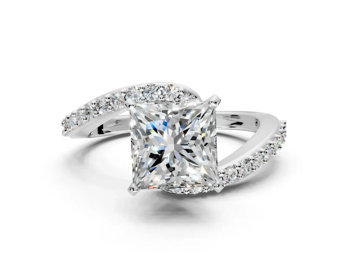 Solitaire Engagement Ring Setting for Princess Cut Center with Pave Bypass Swirl Band and Prong Head in Sterling Silver