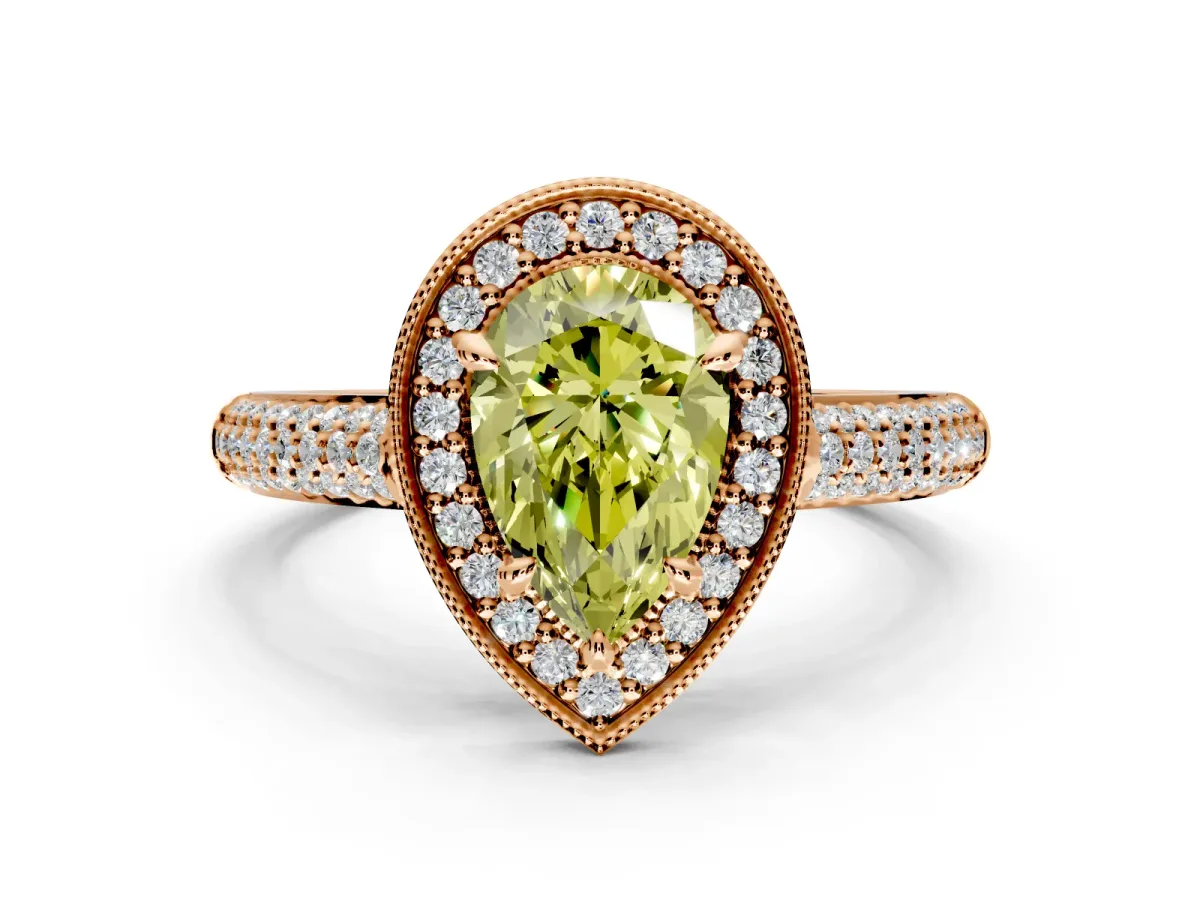 Milgrain Halo Engagement Ring Setting for Fancy Yellow Pear-Shaped Center with Three-Sided Pave Band and Prong Head in Rose Gold
