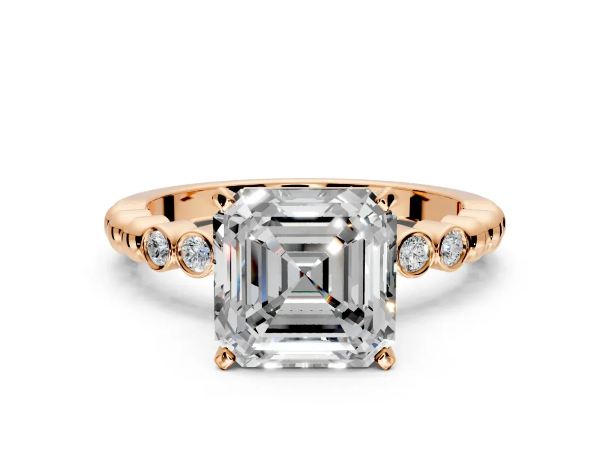 Solitaire Engagement Ring Setting for Asscher Cut Center with Bezel-Dot Beaded Band and Prong Head in Rose Gold