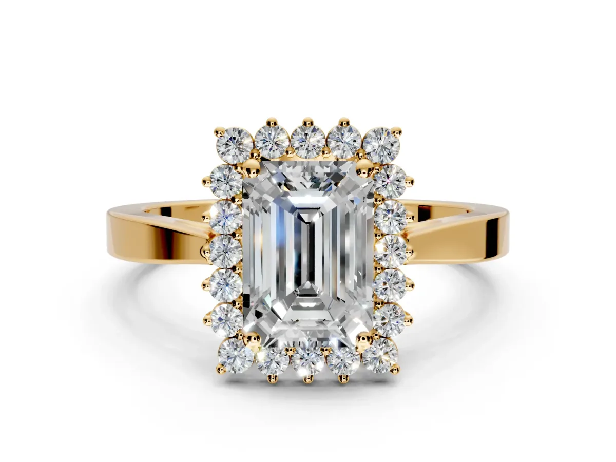 Starburst Halo Engagement Ring Setting for Emerald Cut Center with Flat Cathedral Band and Prong Head in Yellow Gold