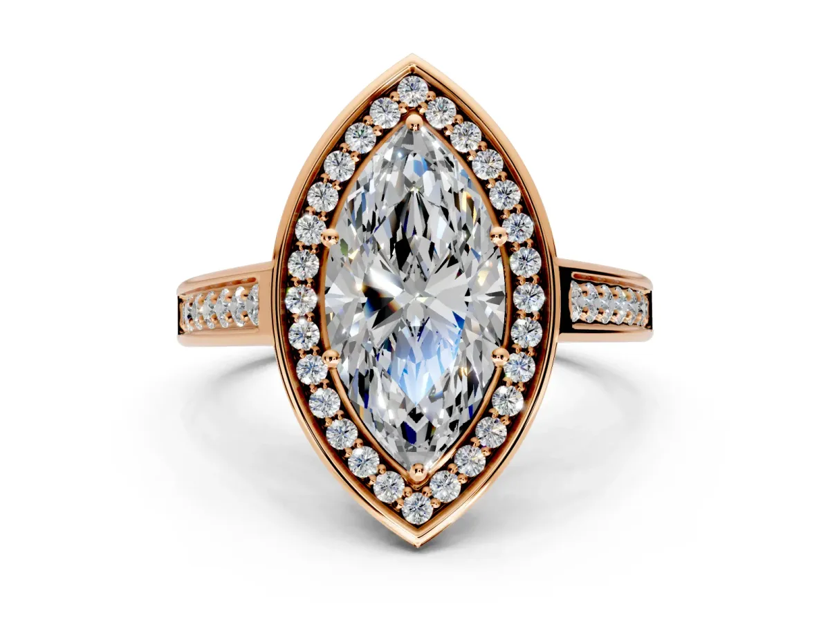 Halo Engagement Ring Setting for Marquise Center with Outer Bezel Rim, Pave Band and Prong Head in Rose Gold