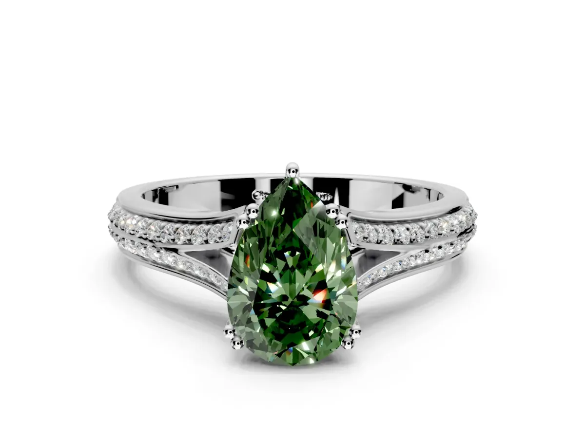 Solitaire Engagement Ring Setting for Fancy Green Pear-Shaped Center with Pave Rail Split Shank and Prong Head in White Gold