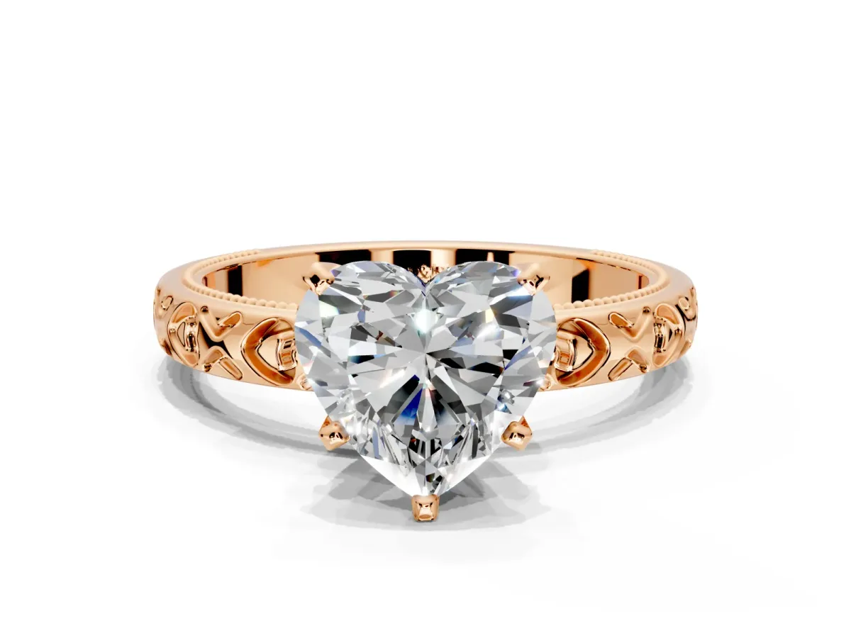 Solitaire Engagement Ring Setting for Heart-Shaped Center with XO Engraved Band and Prong Head in Rose Gold
