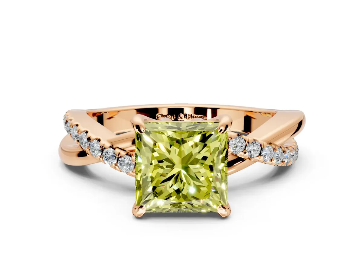 Solitaire Engagement Ring Setting for Fancy Yellow Princess Cut Center with Half-Pave Crossover Band and Prong Head in Rose Gold
