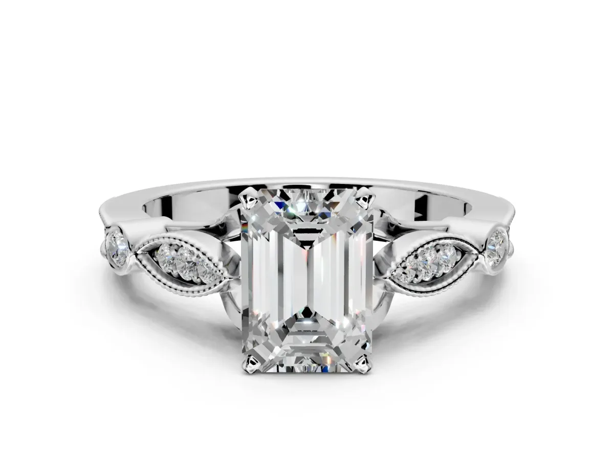 Solitaire Engagement Ring Setting for Emerald Cut Center with Marquise and Bezel Accents and Prong Head in Platinum