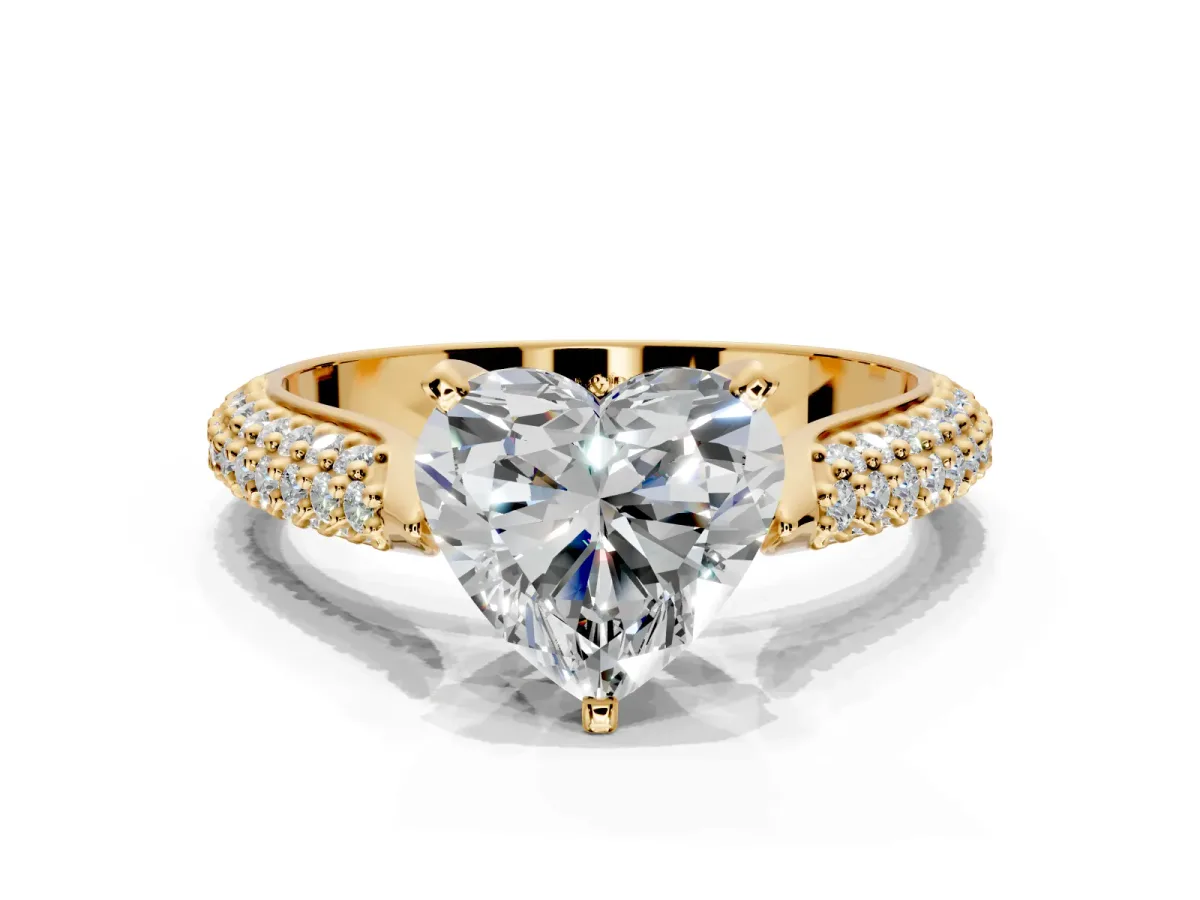 Solitaire Engagement Ring Setting for Heart-Shaped Center with Multi-Row Accents and Prong Head in Yellow Gold
