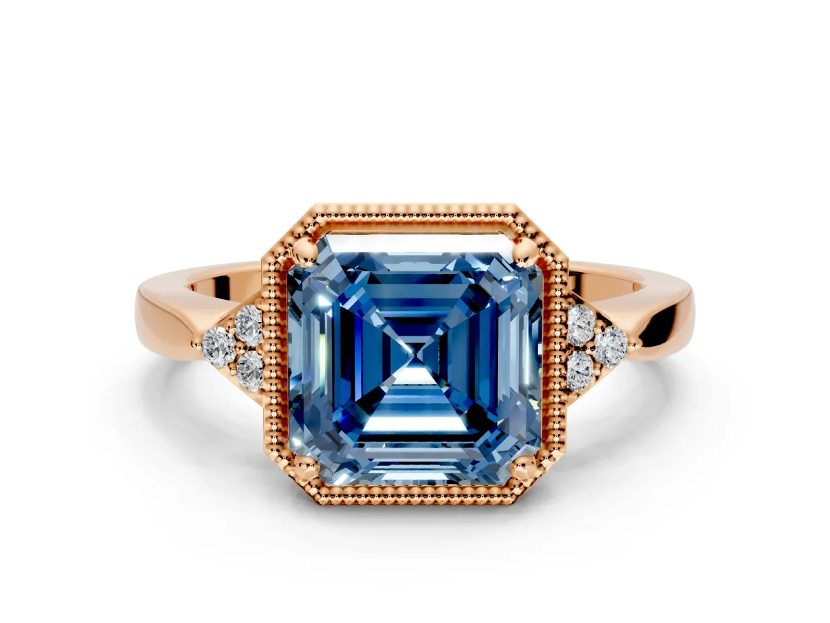 Cluster Engagement Ring Setting for Fancy Blue Asscher Cut Center with Milgrain Shoulder Clusters and Prong Head in Rose Gold