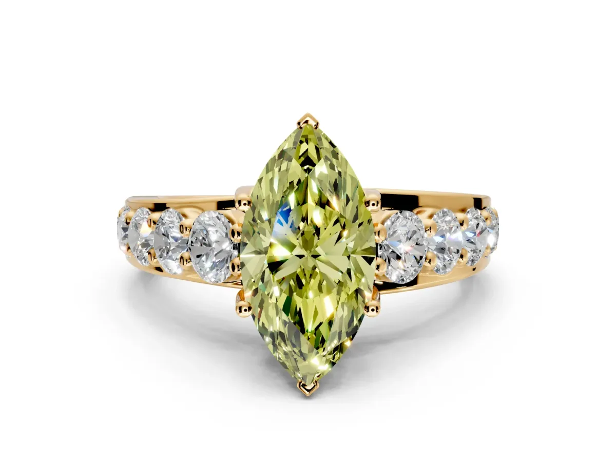Solitaire Engagement Ring Setting for Fancy Yellow Marquise Center with Graduated Shared Prongs and Prong Head in Yellow Gold