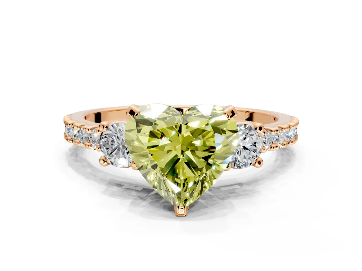 3 Stone Engagement Ring Setting for Fancy Yellow Heart-Shaped Center with Round Cut Side Accents and Prong Head in Rose Gold