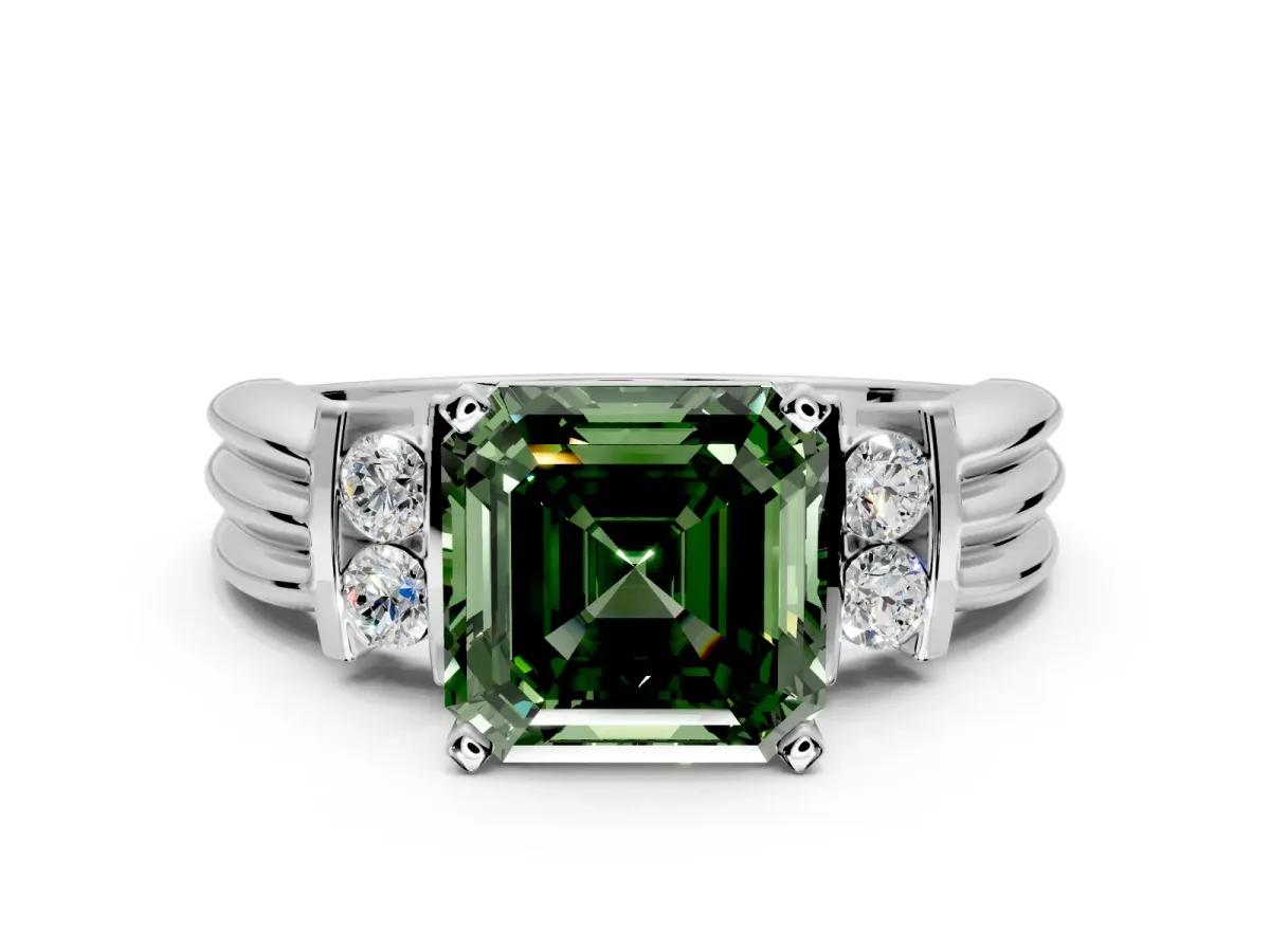 Solitaire Engagement Ring Setting for Fancy Green Asscher Cut Center with Grooved Bar Accent Band and Prong Head in Sterling Silver