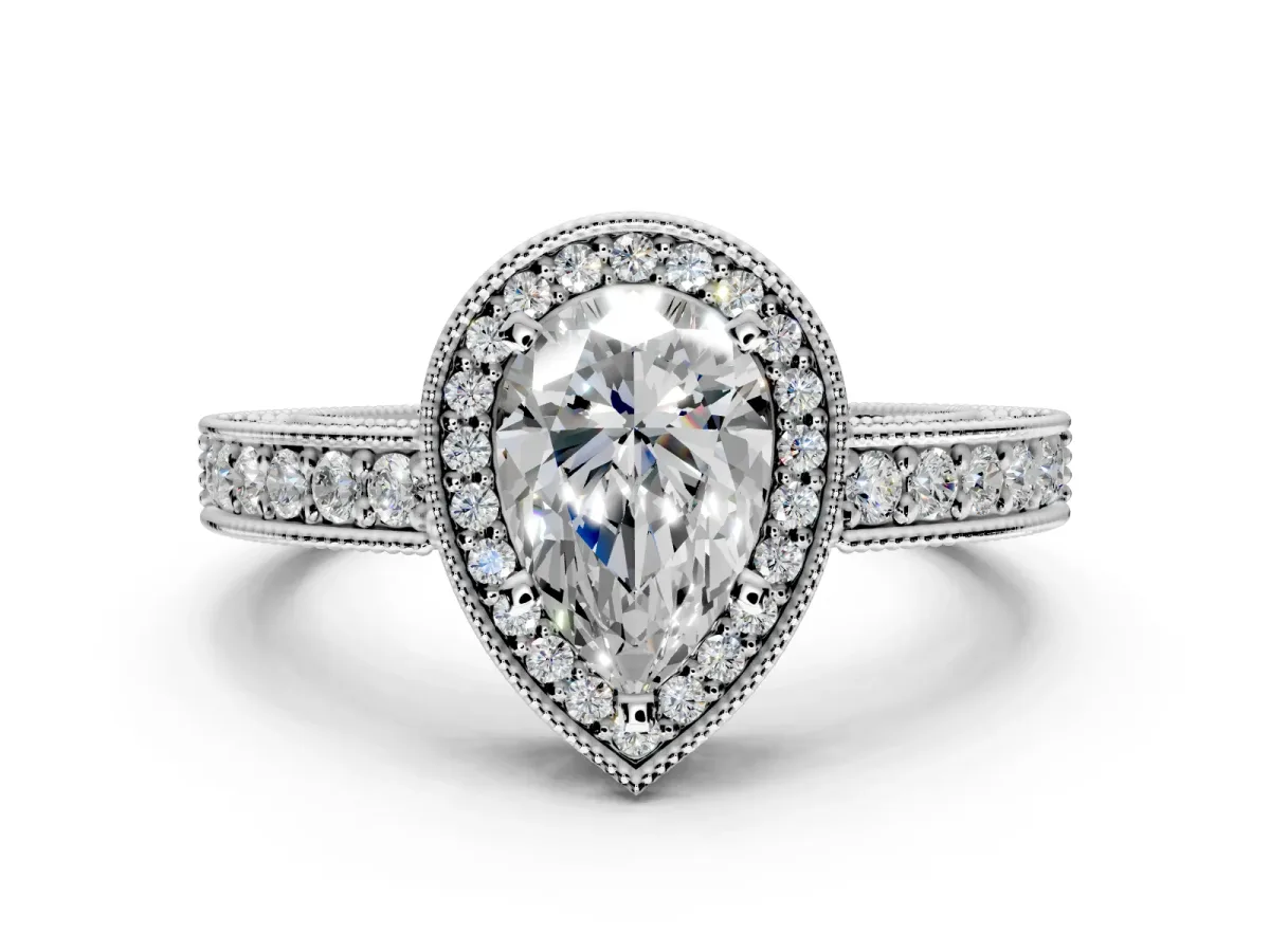 Milgrain Halo Engagement Ring Setting for Pear-Shaped Center with Wide Pave Band and Prong Head in Platinum