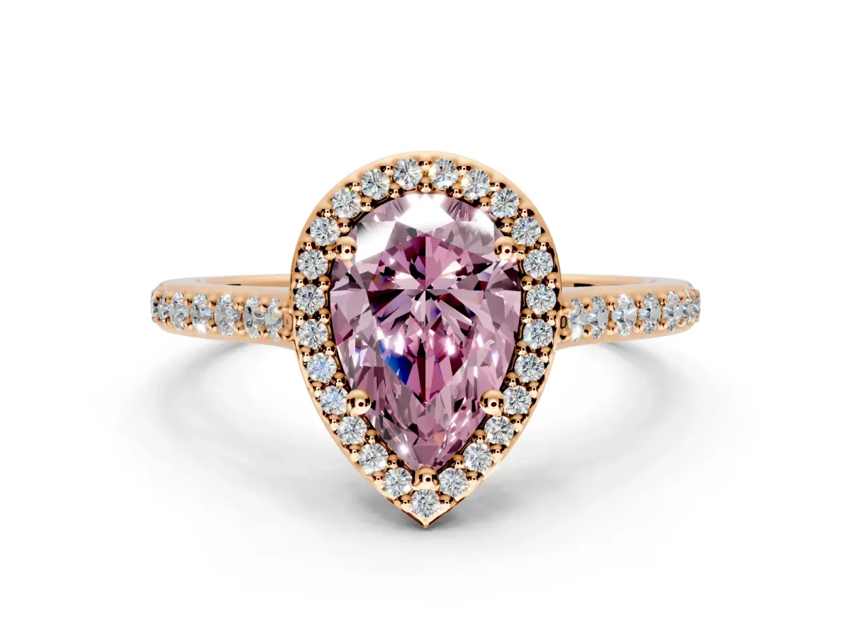 Halo Engagement Ring Setting for Fancy Pink Pear-Shaped Center with Pave Accents, Heart Basket and Prong Head in Rose Gold