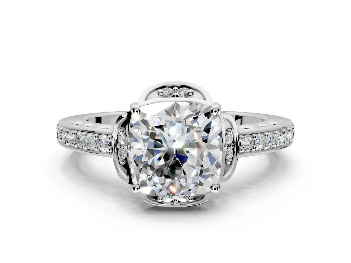Floral Engagement Ring Setting for Cushion Cut Center with Four Accent Clusters and Prong Head in White Gold