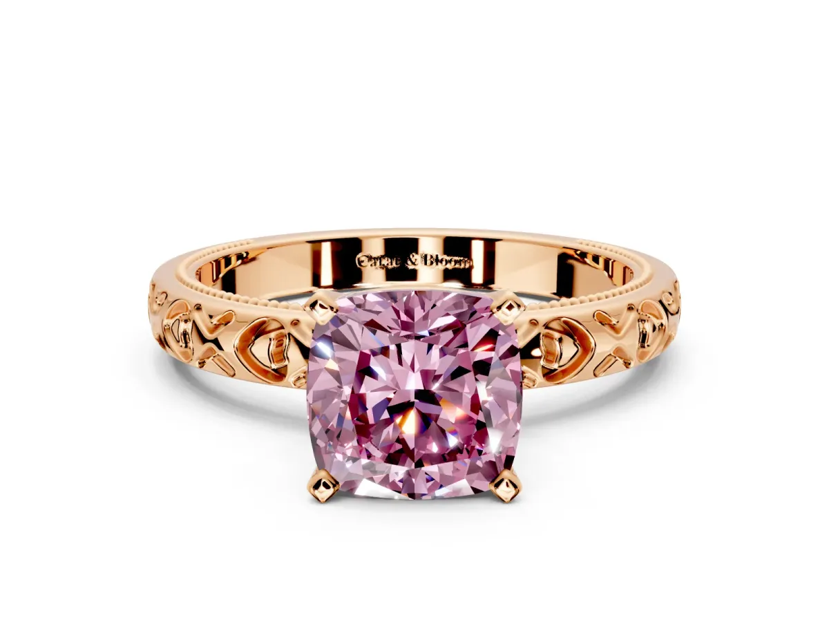 Solitaire Engagement Ring Setting for Fancy Pink Cushion Cut Center with XO Engraved Band and Prong Head in Rose Gold