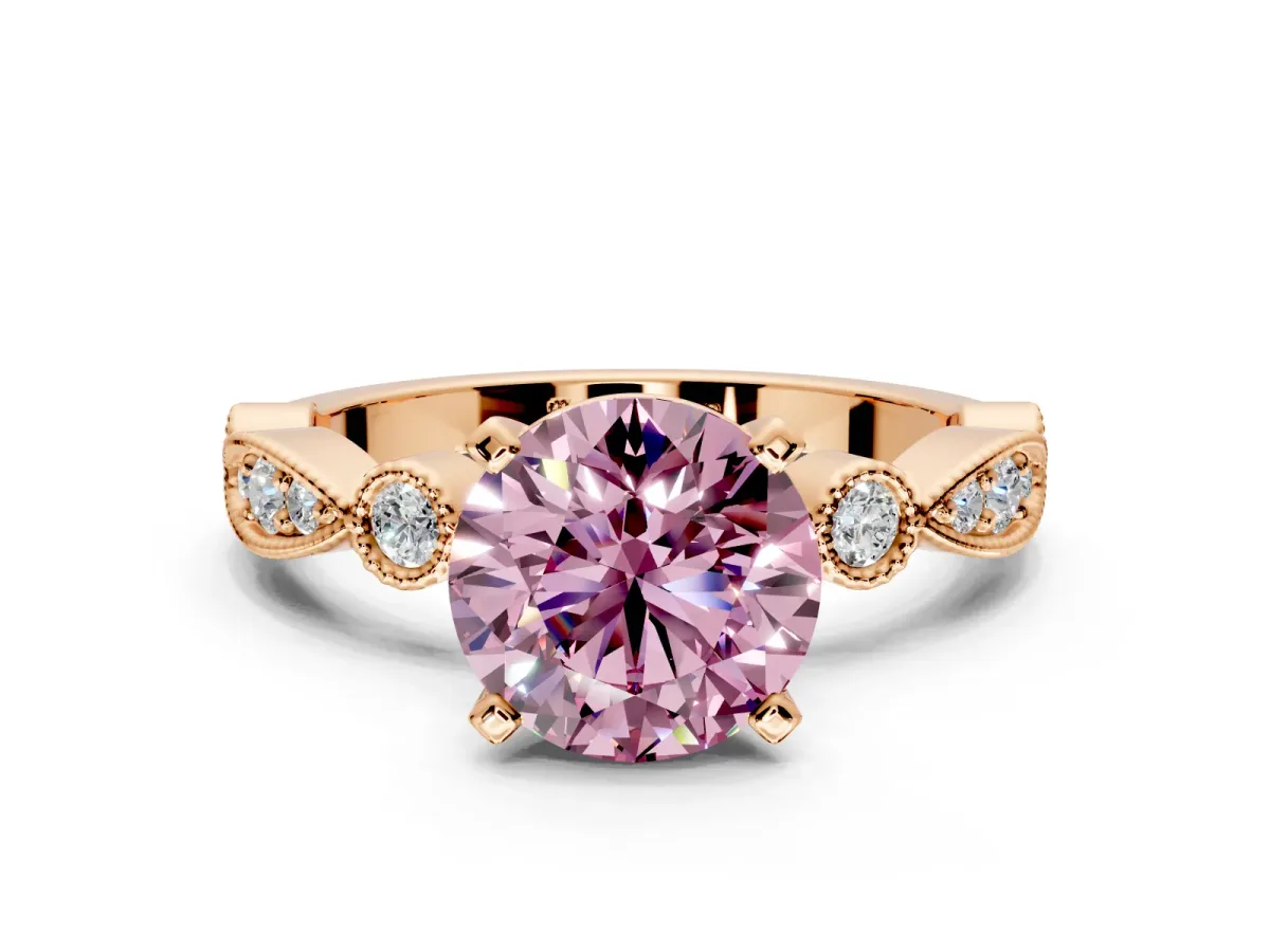 Solitaire Engagement Ring Setting for Fancy Pink Round Cut Center with Milgrain Bezel Accents and Prong Head in Rose Gold
