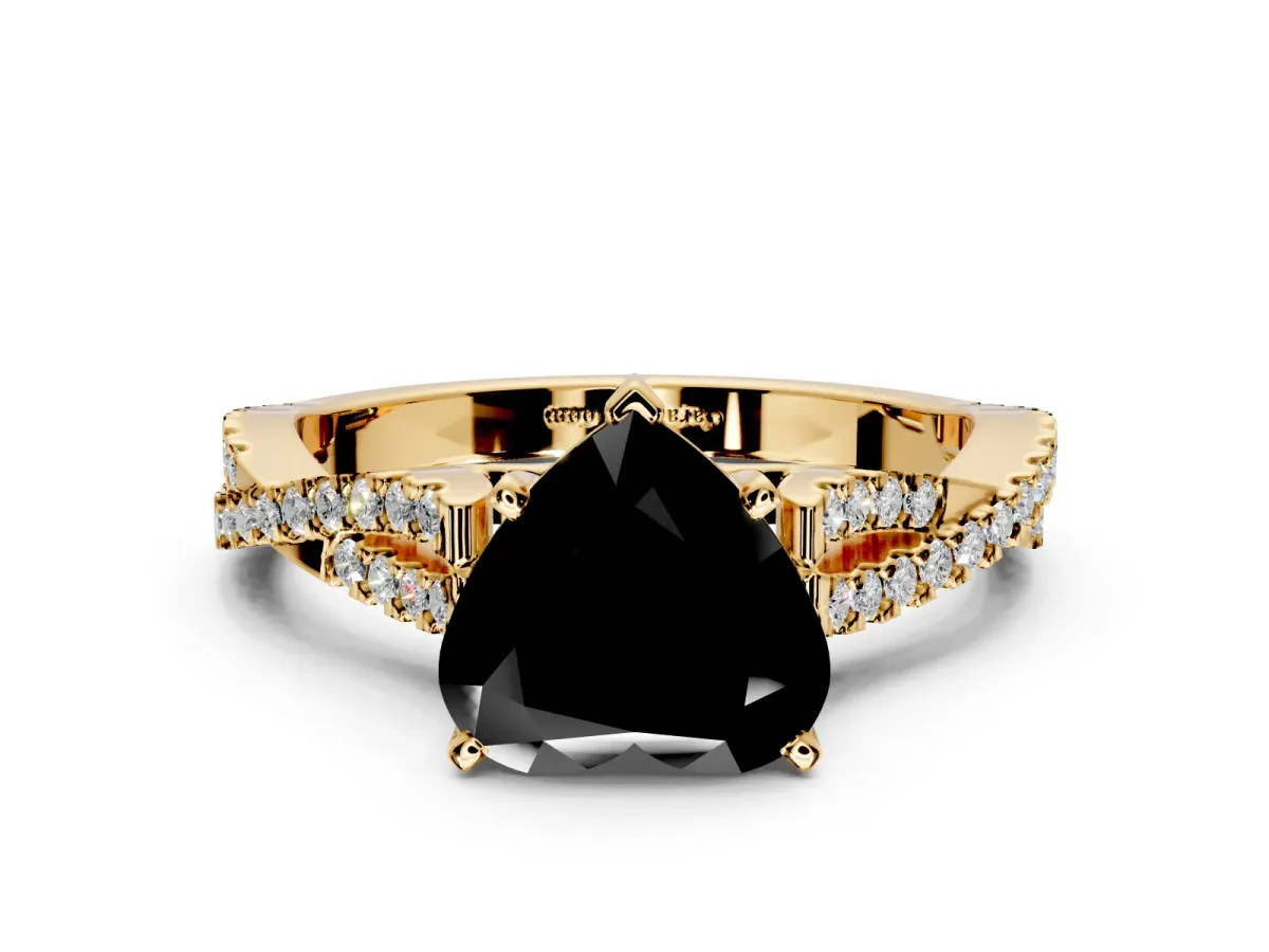 Solitaire Engagement Ring Setting for Fancy Black Heart-Shaped Center with Twisted Pave Split Shank and Prong Head in Yellow Gold