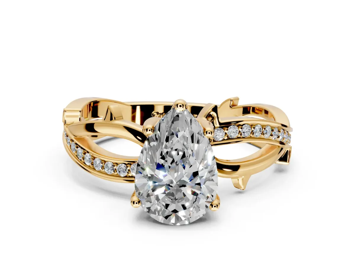 Solitaire Engagement Ring Setting for Pear-Shaped Center with Pave and Plain Crossover Band and Prong Head in Yellow Gold