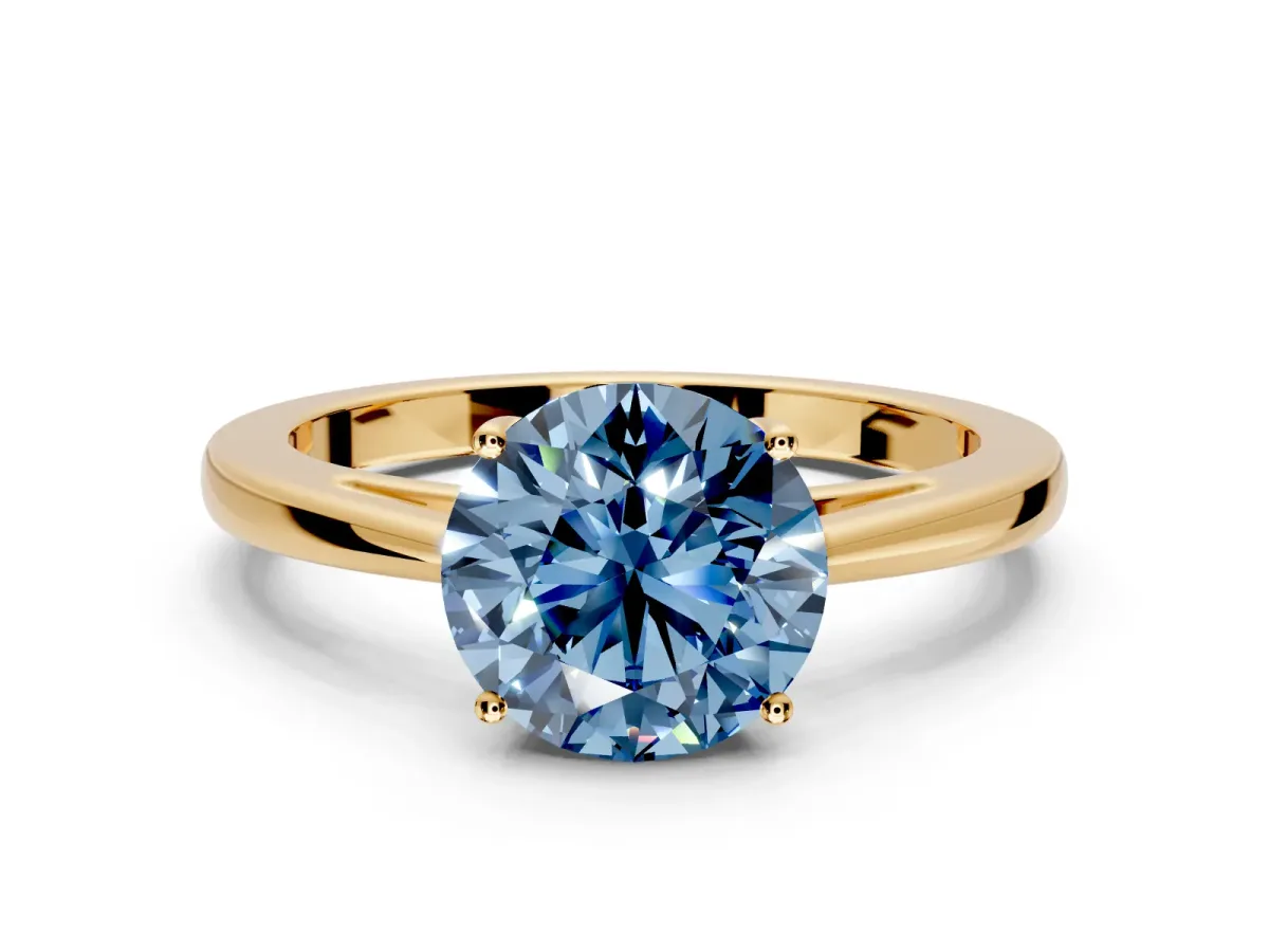 Solitaire Engagement Ring Setting for Fancy Blue Round Cut Center with Open Cathedral Shoulders and Prong Head in Yellow Gold