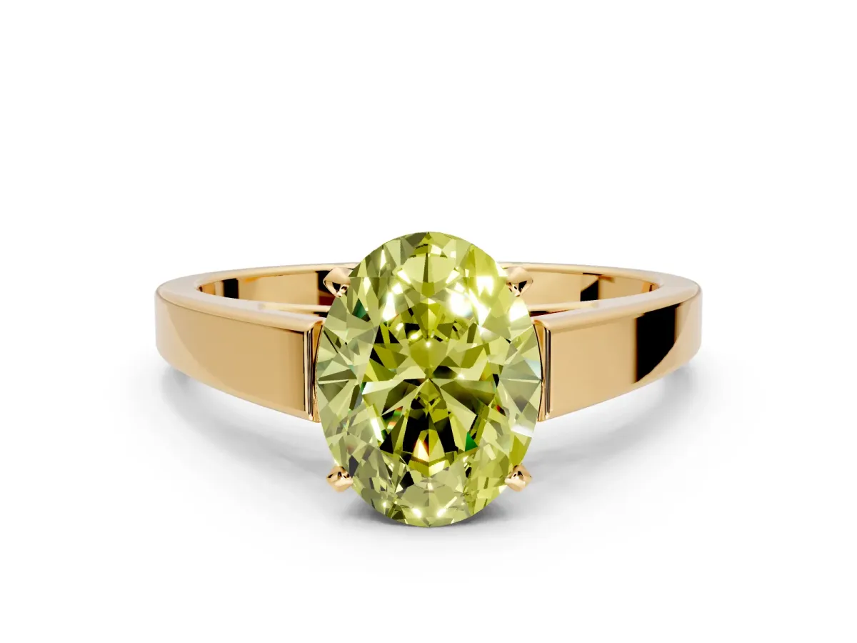 Solitaire Engagement Ring Setting for Fancy Yellow Oval Center with Tapered Split Shoulders and Prong Head in Yellow Gold