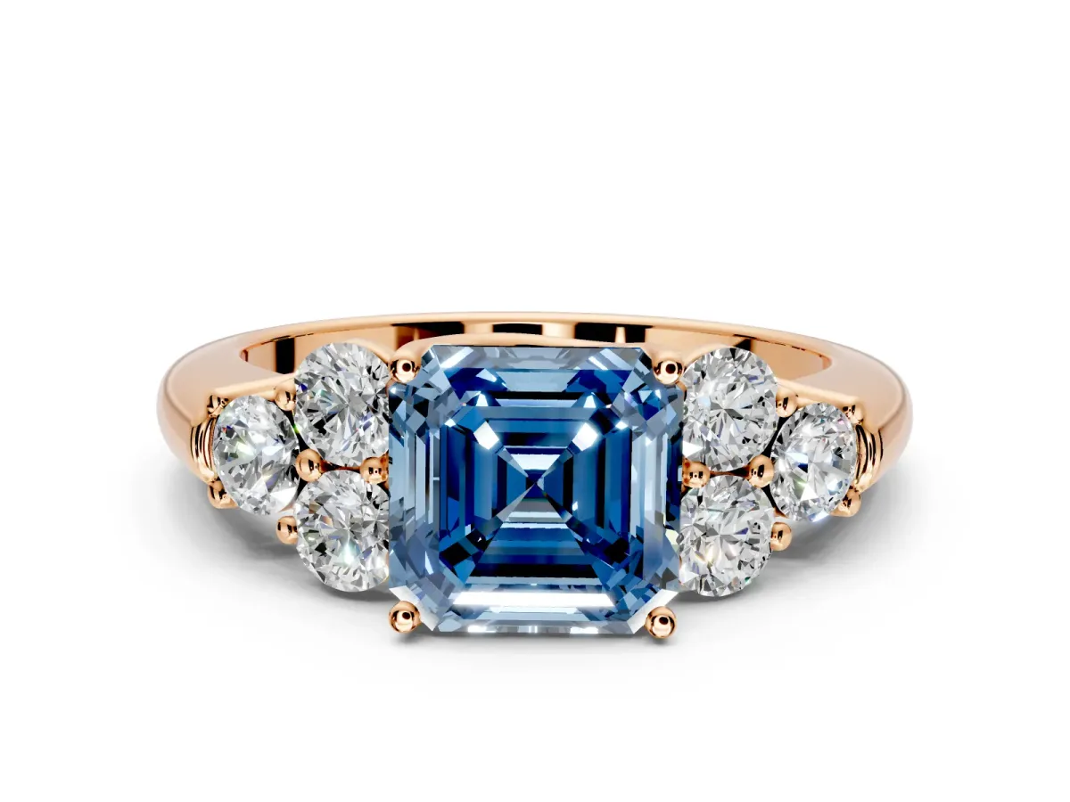 Cluster Engagement Ring Setting for Fancy Blue Asscher Cut Center with Round Cut Accent Frame and Prong Head in Rose Gold