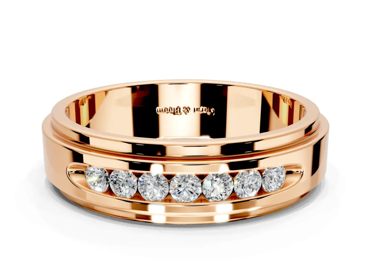 Round Cut Lab-Grown Diamond 7 Stone Channel Men's Wedding Band with Grooved Borders in Rose Gold