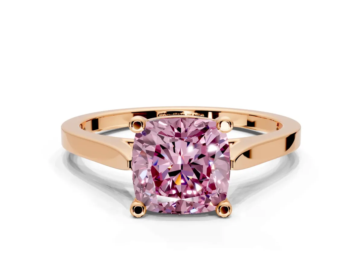 Solitaire Engagement Ring Setting for Fancy Pink Cushion Cut Center with Tapered Shoulders and Prong Head in Rose Gold