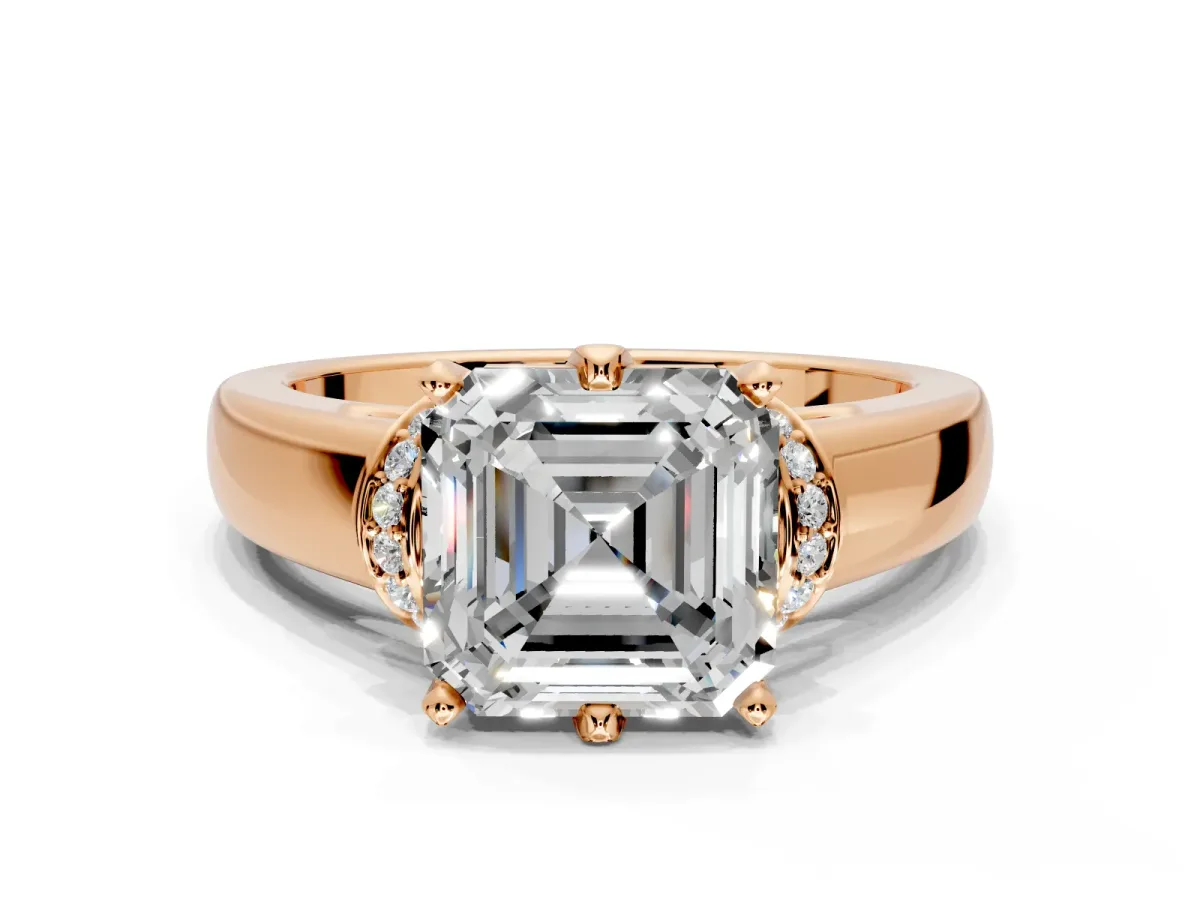 Solitaire Engagement Ring Setting for Asscher Cut Center with Wide Band, Pave Collar and Prong Head in Rose Gold