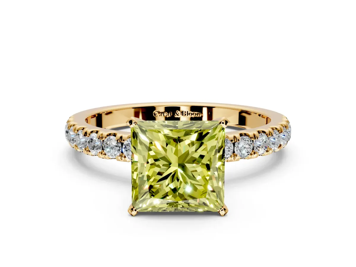 Open Basket Engagement Ring Setting for Fancy Yellow Princess Cut Center with Pave Band and Prong Head in Yellow Gold
