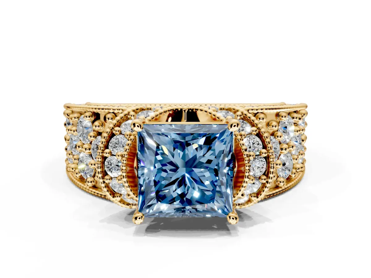 Pave Engagement Ring Setting for Fancy Blue Princess Cut Center with Curved Accent Rows, Openwork and Prong Head in Yellow Gold