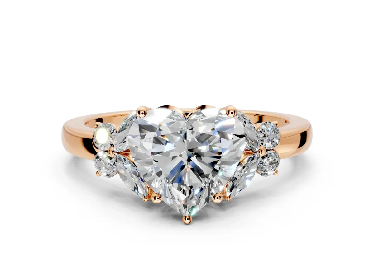 Solitaire Engagement Ring Setting for Heart-Shaped Center with Marquise Flower Shoulders and Prong Head in Rose Gold