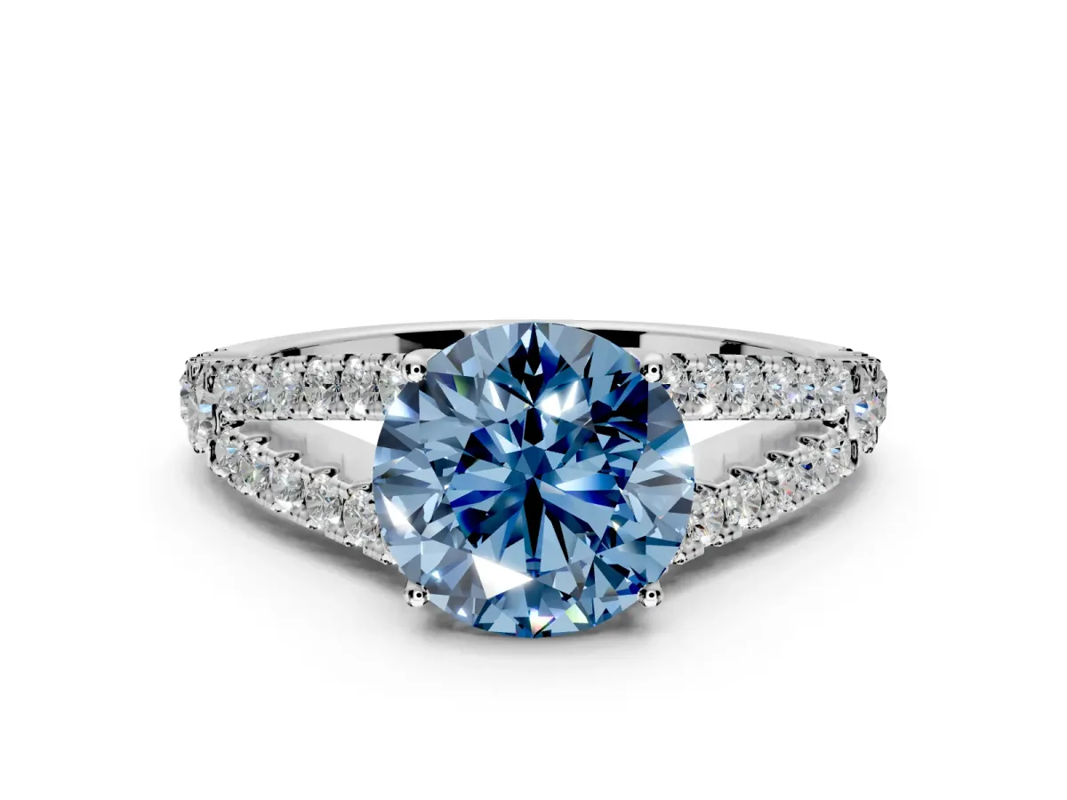 Solitaire Engagement Ring Setting for Fancy Blue Round Cut Center with Pave Split Shank and Prong Head in Sterling Silver