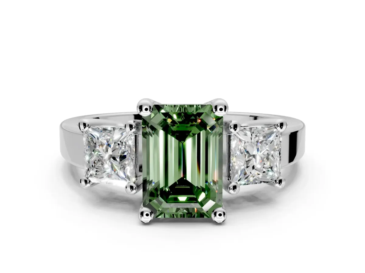 3 Stone Engagement Ring Setting for Fancy Green Emerald Cut Center with Matching Side Accents and Prong Head in Sterling Silver