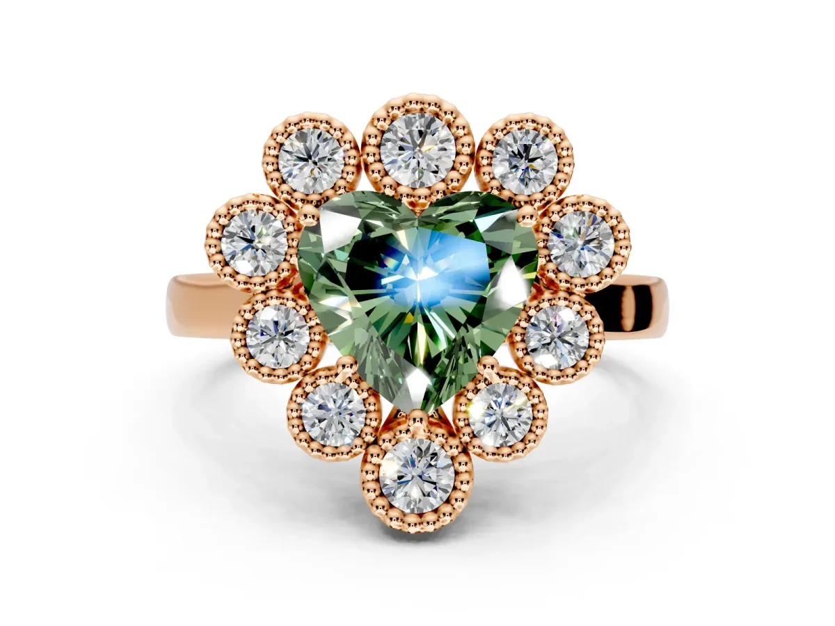 Cluster Halo Engagement Ring Setting for Fancy Green Heart-Shaped Center with Milgrain Bezel Accents and Prong Head in Rose Gold
