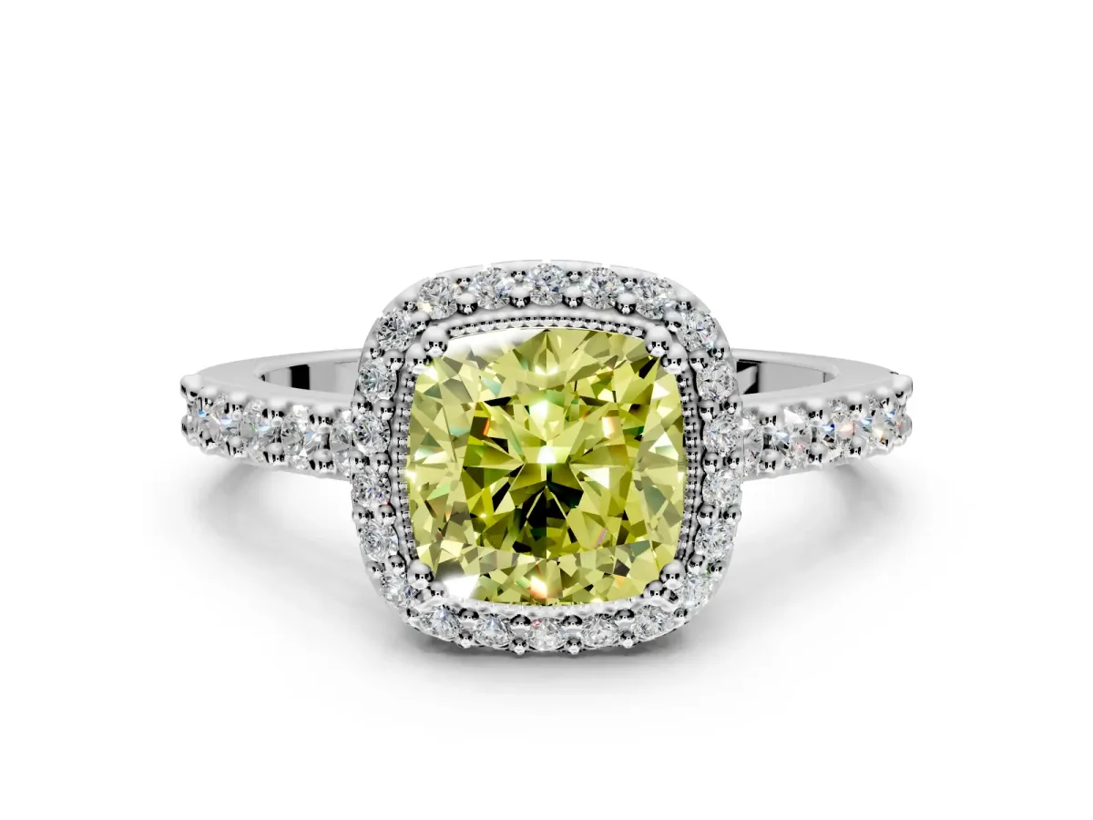 Halo Engagement Ring Setting for Fancy Yellow Cushion Cut Center with Inner Milgrain Border and Prong Head in Platinum