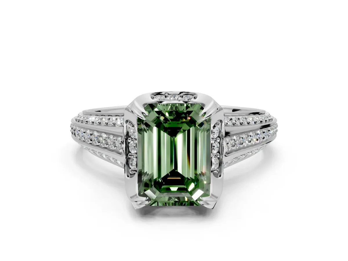 Solitaire Engagement Ring Setting for Fancy Green Emerald Cut Center with Accented Split Shank and Prong Head in Sterling Silver
