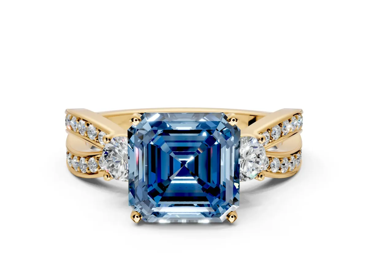 3 Stone Engagement Ring Setting for Fancy Blue Asscher Cut Center with Pave Twist Band and Prong Head in Yellow Gold