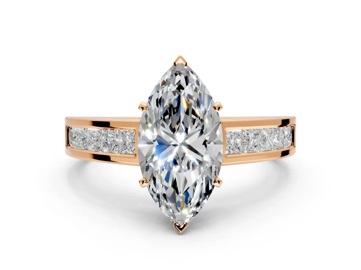Solitaire Engagement Ring Setting for Marquise Center with Princess Cut Channel Band and Prong Head in Rose Gold