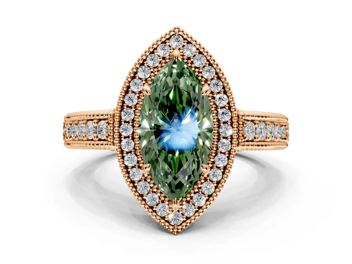 Milgrain Halo Engagement Ring Setting for Fancy Green Marquise Center with Pave Band and Prong Head in Rose Gold