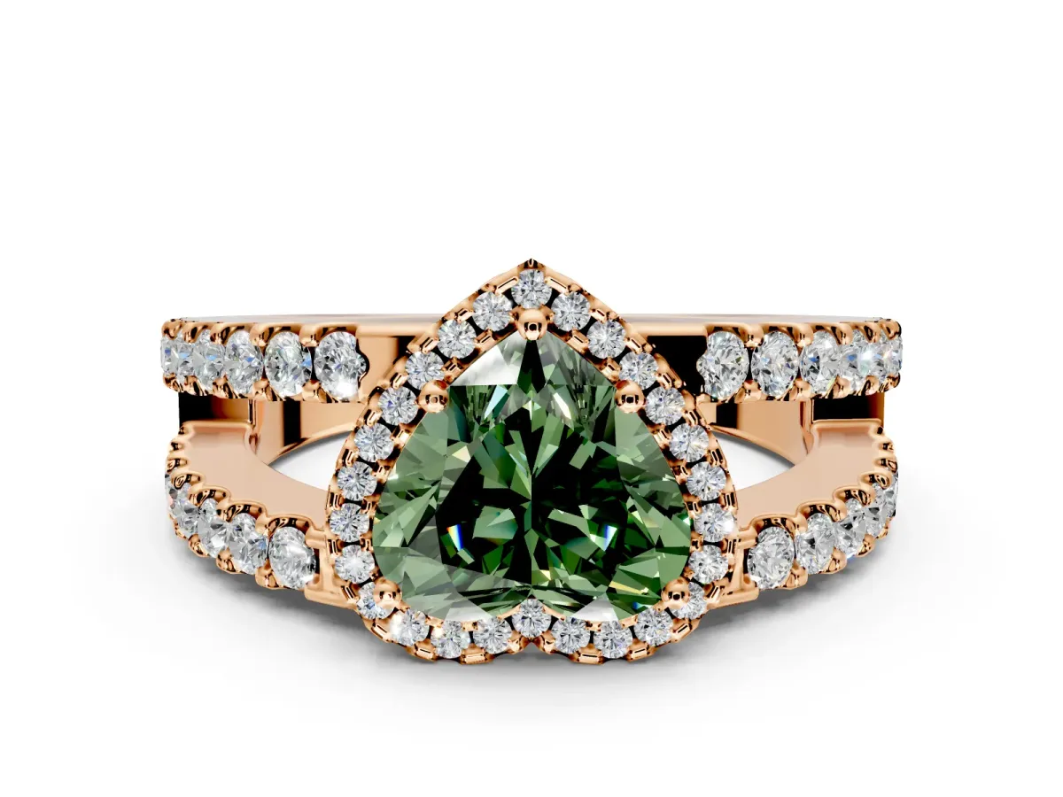 Halo Engagement Ring Setting for Fancy Green Heart-Shaped Center with Wide-Open Pave Split Shank and Prong Head in Rose Gold