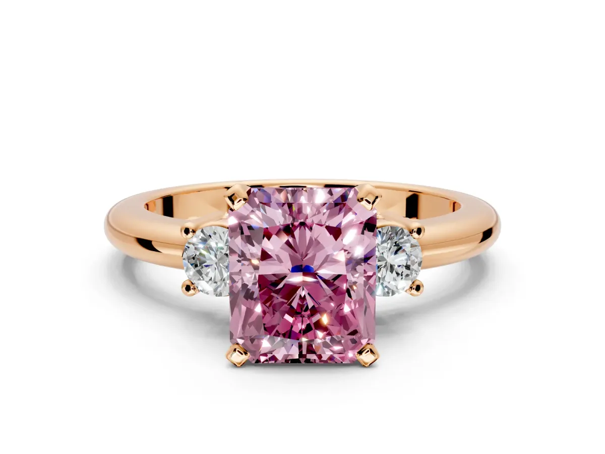 3 Stone Engagement Ring Setting for Fancy Pink Radiant Cut Center with Wide Plain Band and Prong Head in Rose Gold